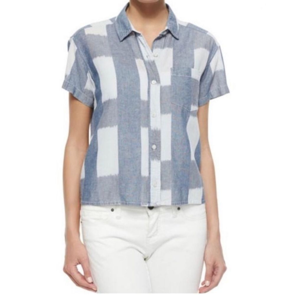 Current Elliott Emma Shirt Womens Blue White Plaid Short Sleeve Linen‎ 2 S